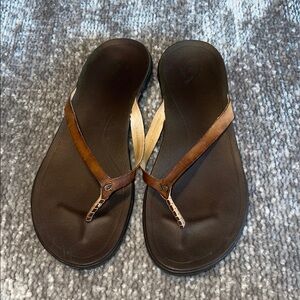 OluKai Brown Leather Slide Sandals